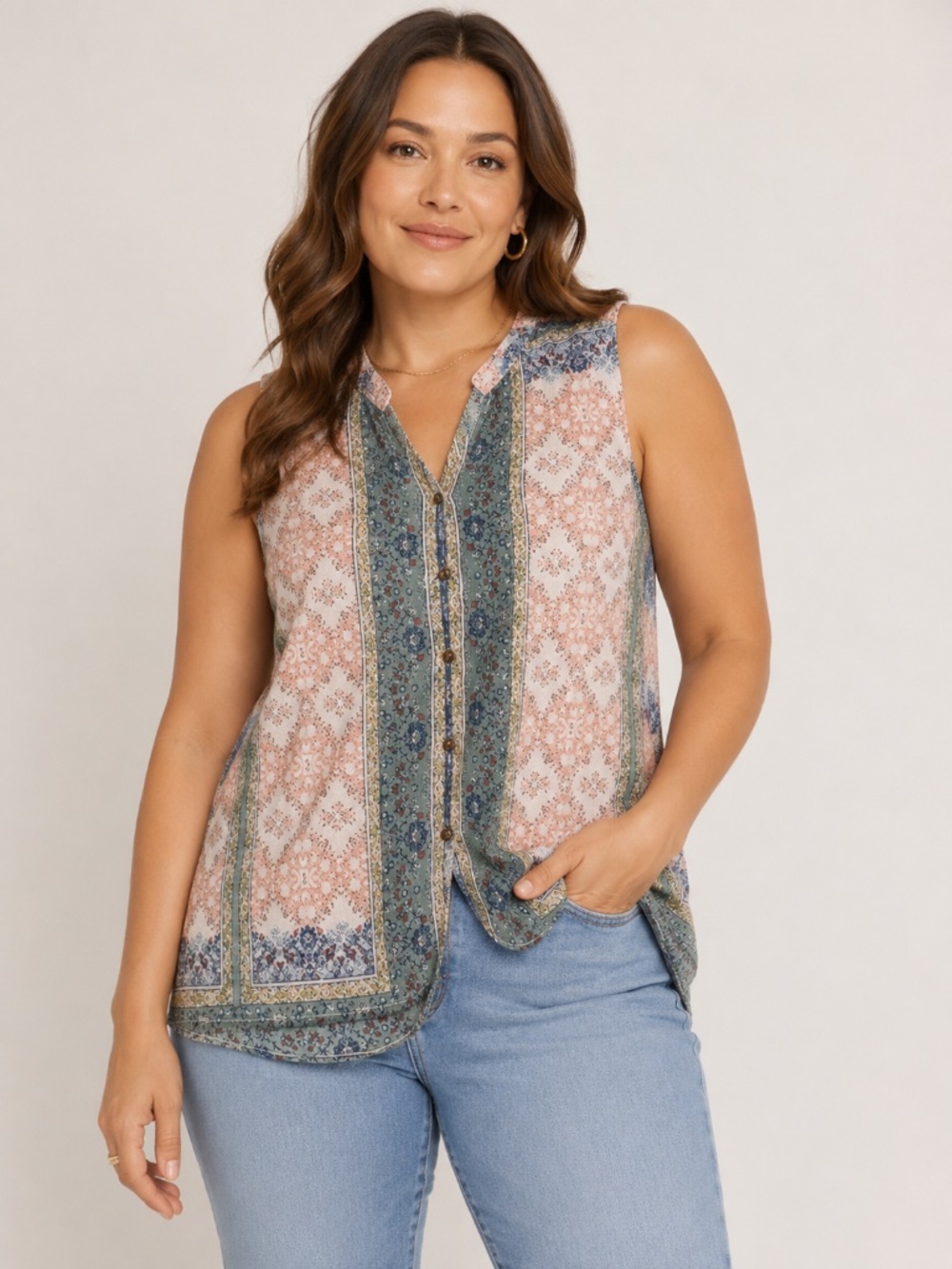 KNOX ROSE Pink Blue Floral Boho Peasant Hippie Button Up Front Y2K Tank Top XL